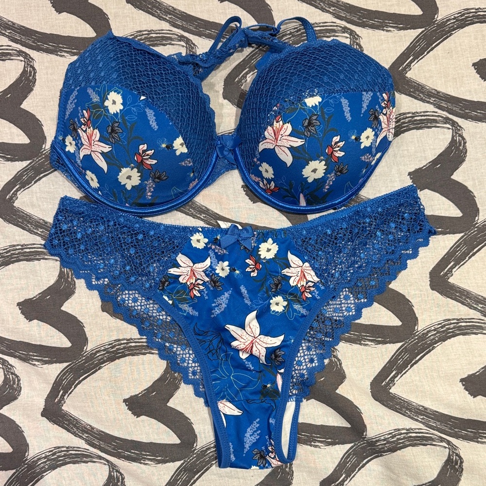 Source Unknown Blue Floral Lace Bra Set